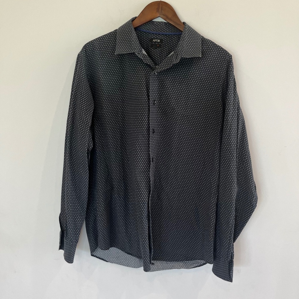 Apt 9 Mens XL Slim Fit Button Down Shirt Navy Blue Geometric Print Cotton